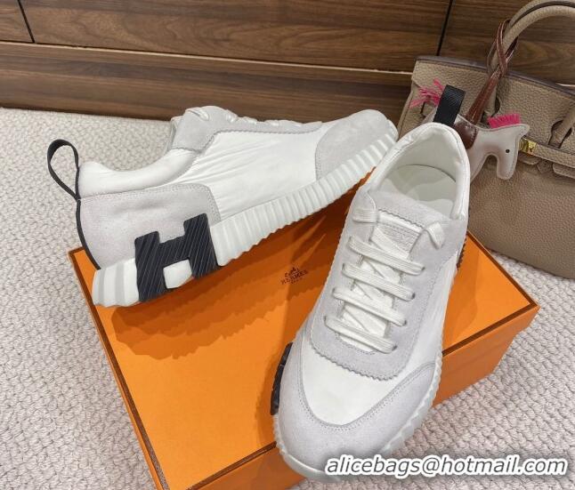 Stylish Hermes Bouncing Sneakers in Parachute Fabric and Suede White 2110452