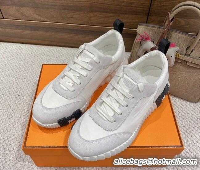 Stylish Hermes Bouncing Sneakers in Parachute Fabric and Suede White 2110452