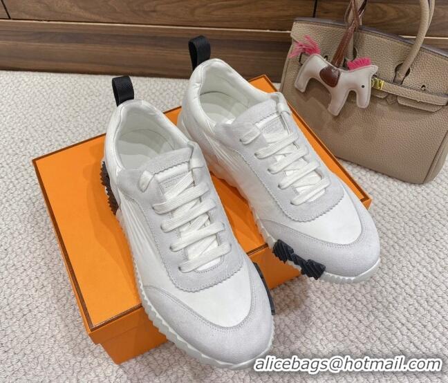 Stylish Hermes Bouncing Sneakers in Parachute Fabric and Suede White 2110452