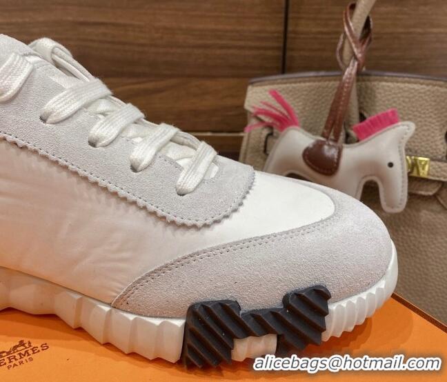 Stylish Hermes Bouncing Sneakers in Parachute Fabric and Suede White 2110452