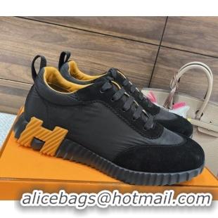 Hot Style Hermes Bouncing Sneakers in Parachute Fabric and Suede Black/Yellow 110453