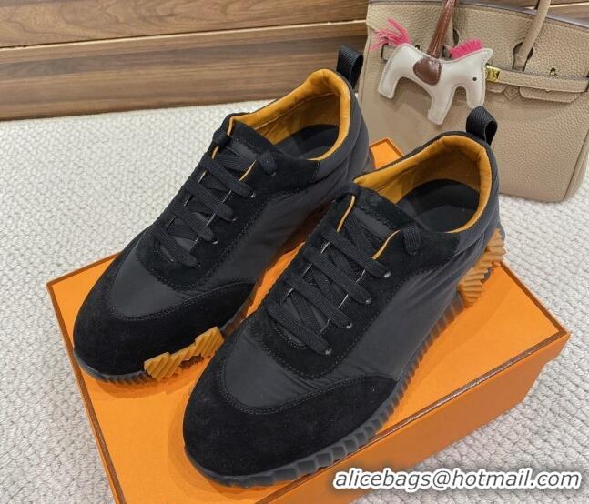 Hot Style Hermes Bouncing Sneakers in Parachute Fabric and Suede Black/Yellow 110453