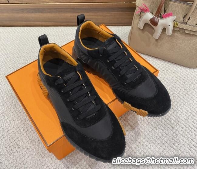 Hot Style Hermes Bouncing Sneakers in Parachute Fabric and Suede Black/Yellow 110453