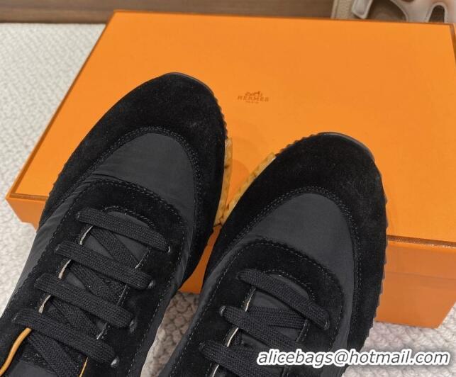 Hot Style Hermes Bouncing Sneakers in Parachute Fabric and Suede Black/Yellow 110453