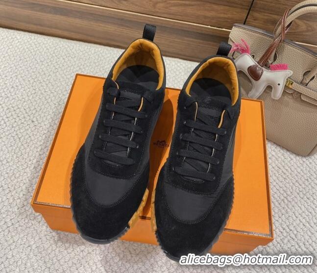 Hot Style Hermes Bouncing Sneakers in Parachute Fabric and Suede Black/Yellow 110453