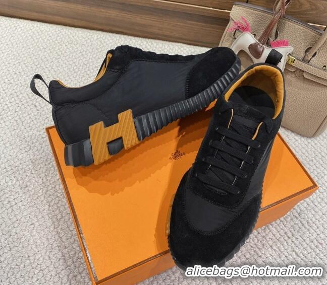 Hot Style Hermes Bouncing Sneakers in Parachute Fabric and Suede Black/Yellow 110453