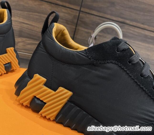 Hot Style Hermes Bouncing Sneakers in Parachute Fabric and Suede Black/Yellow 110453