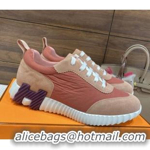 Discount Hermes Bouncing Sneakers in Parachute Fabric and Suede Pink 110456