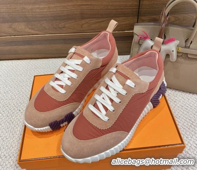 Discount Hermes Bouncing Sneakers in Parachute Fabric and Suede Pink 110456