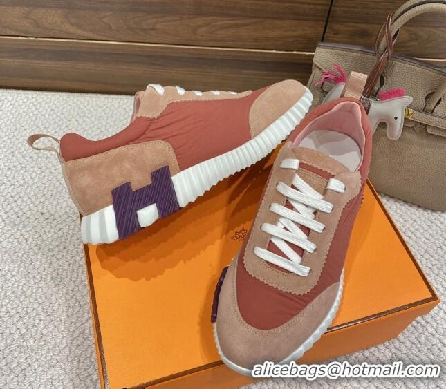 Discount Hermes Bouncing Sneakers in Parachute Fabric and Suede Pink 110456