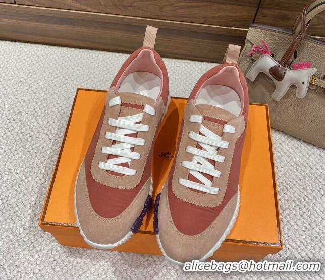 Discount Hermes Bouncing Sneakers in Parachute Fabric and Suede Pink 110456