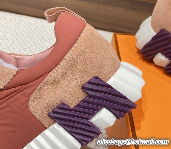 Discount Hermes Bouncing Sneakers in Parachute Fabric and Suede Pink 110456