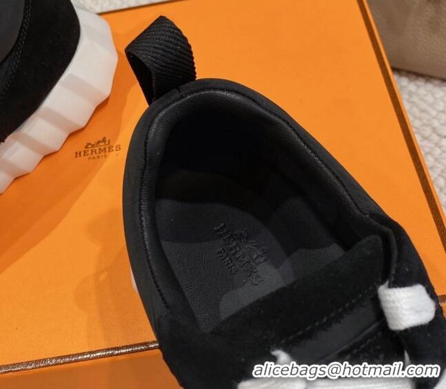 Good Product Hermes Bouncing Sneakers in Parachute Fabric and Suede Black/Orange 110457