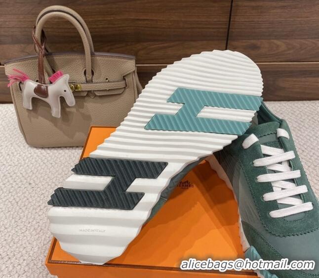 1:1 aaaaa Hermes Bouncing Sneakers in Parachute Fabric and Suede Green 110458