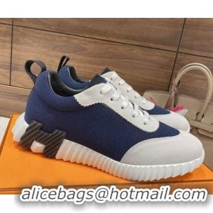 Shop Duplicate Hermes Bouncing Sneakers in Mesh and Suede Navy Blue 110462