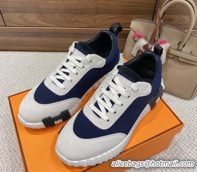 Shop Duplicate Hermes Bouncing Sneakers in Mesh and Suede Navy Blue 110462