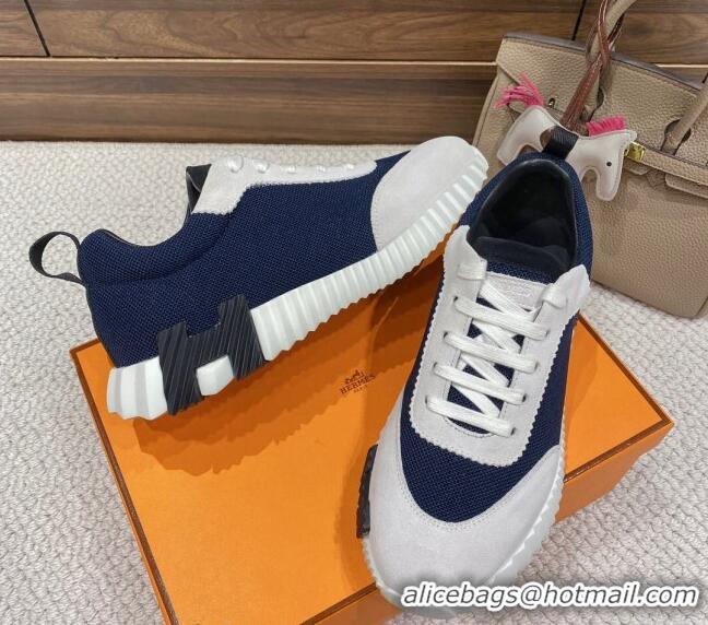 Shop Duplicate Hermes Bouncing Sneakers in Mesh and Suede Navy Blue 110462