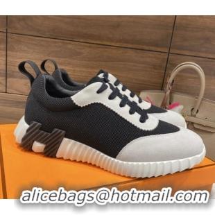 Stylish Hermes Bouncing Sneakers in Mesh and Suede Black/White 110464