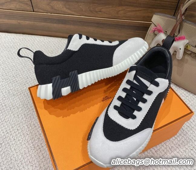 Stylish Hermes Bouncing Sneakers in Mesh and Suede Black/White 110464