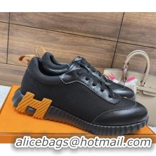 Sumptuous Hermes Bouncing Sneakers in Knit Fabric and Leather Black/Yellow 110468