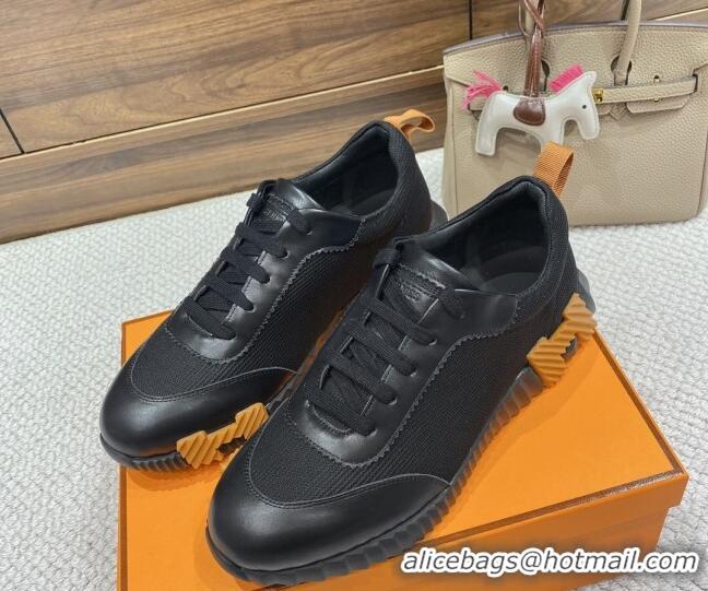 Sumptuous Hermes Bouncing Sneakers in Knit Fabric and Leather Black/Yellow 110468