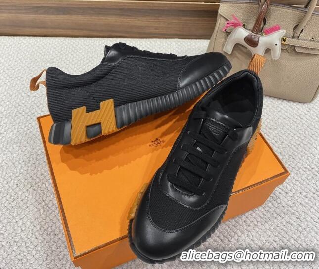 Sumptuous Hermes Bouncing Sneakers in Knit Fabric and Leather Black/Yellow 110468