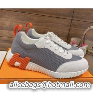 Charming Hermes Bouncing Sneakers in Knit Fabric and Suede Grey/Orange 110467