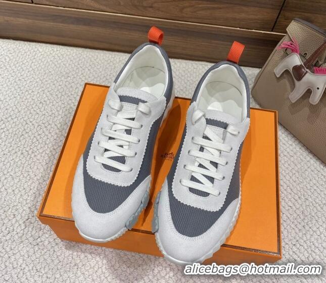 Charming Hermes Bouncing Sneakers in Knit Fabric and Suede Grey/Orange 110467