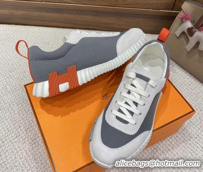 Charming Hermes Bouncing Sneakers in Knit Fabric and Suede Grey/Orange 110467