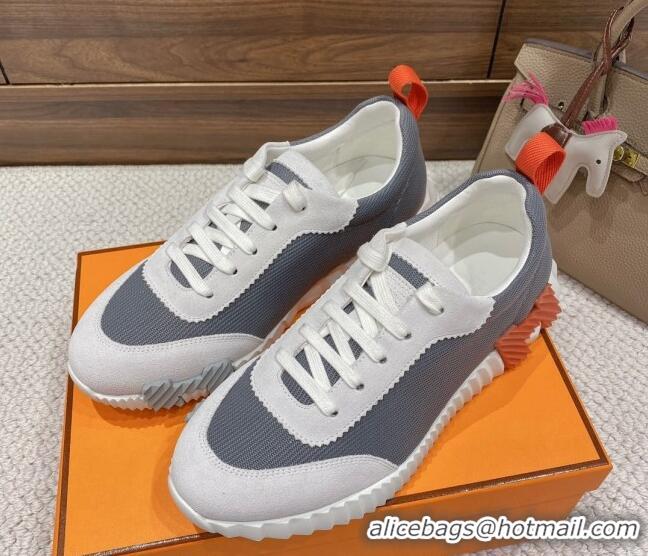 Charming Hermes Bouncing Sneakers in Knit Fabric and Suede Grey/Orange 110467