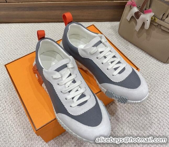 Charming Hermes Bouncing Sneakers in Knit Fabric and Suede Grey/Orange 110467