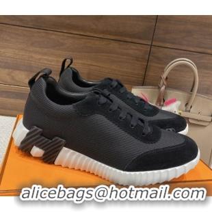 Stylish Hermes Bouncing Sneakers in Knit Fabric and Suede Black 110469