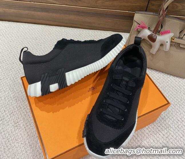 Stylish Hermes Bouncing Sneakers in Knit Fabric and Suede Black 110469