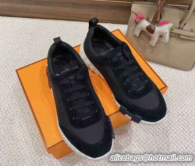 Stylish Hermes Bouncing Sneakers in Knit Fabric and Suede Black 110469