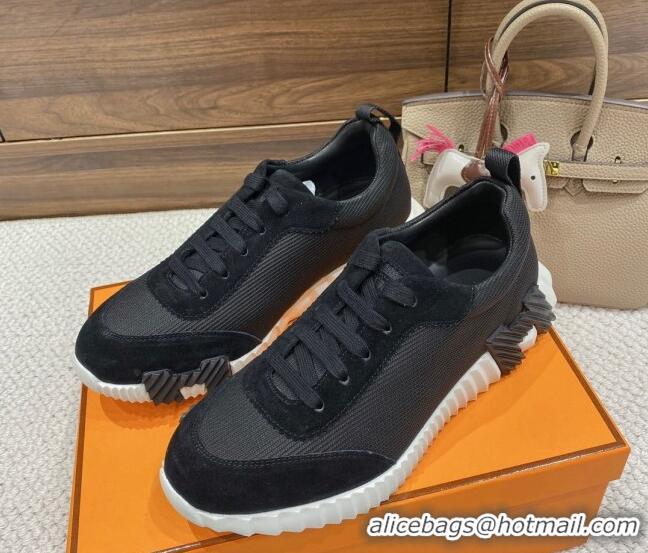 Stylish Hermes Bouncing Sneakers in Knit Fabric and Suede Black 110469