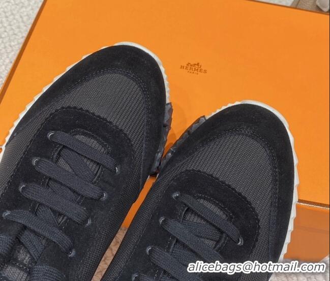 Stylish Hermes Bouncing Sneakers in Knit Fabric and Suede Black 110469