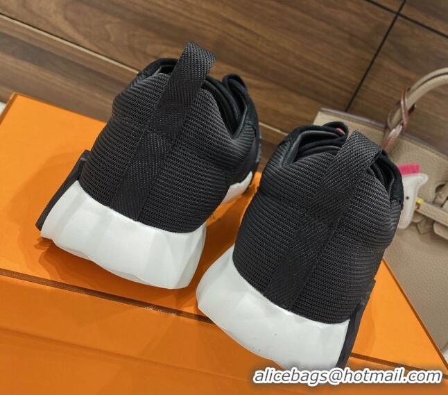 Stylish Hermes Bouncing Sneakers in Knit Fabric and Suede Black 110469