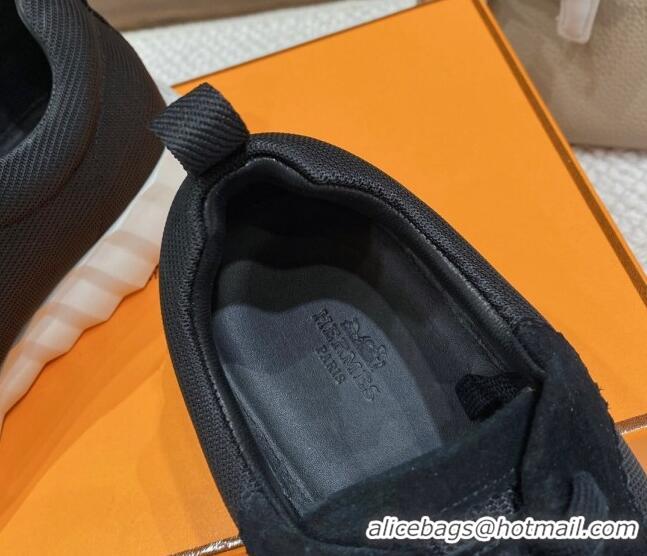 Stylish Hermes Bouncing Sneakers in Knit Fabric and Suede Black 110469