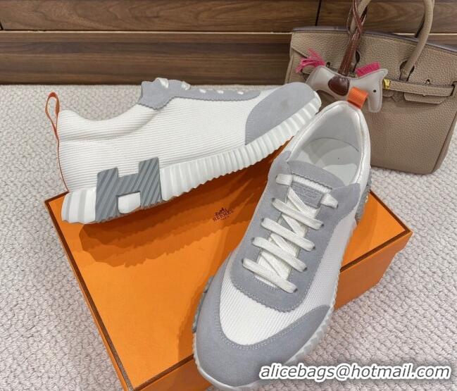 Good Product Hermes Bouncing Sneakers in Knit Fabric and Suede White/Grey 110470