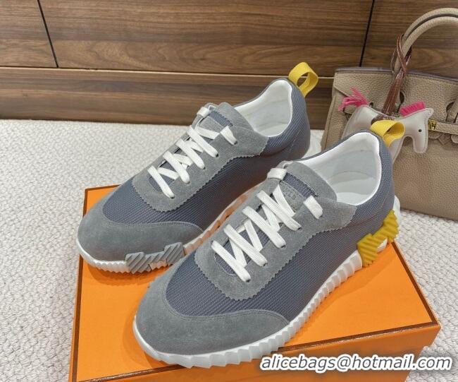 Good Quality Hermes Bouncing Sneakers in Knit Fabric and Suede Grey/Yellow 110471