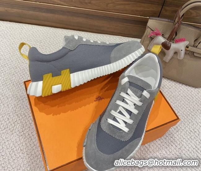 Good Quality Hermes Bouncing Sneakers in Knit Fabric and Suede Grey/Yellow 110471