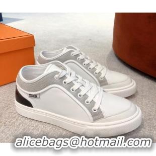 Cheap Price Hermes Day Sneakers in Canvas and Leather White/Grey 110472