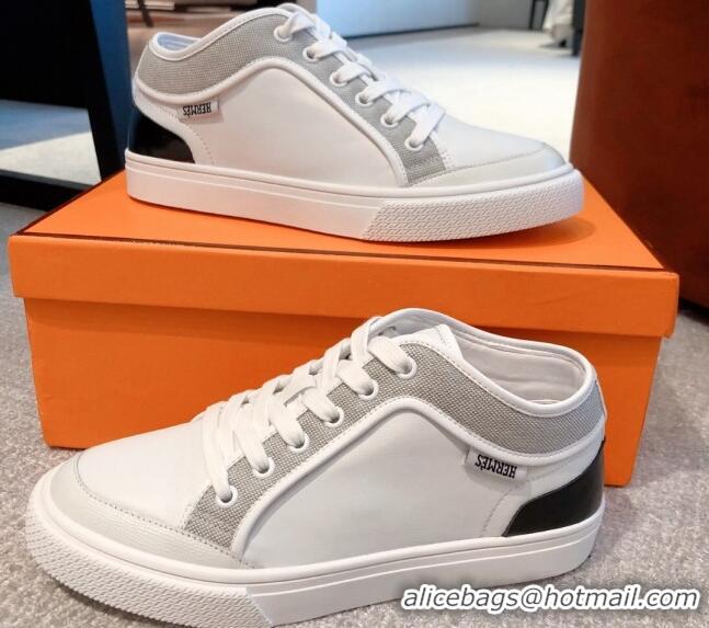 Cheap Price Hermes Day Sneakers in Canvas and Leather White/Grey 110472