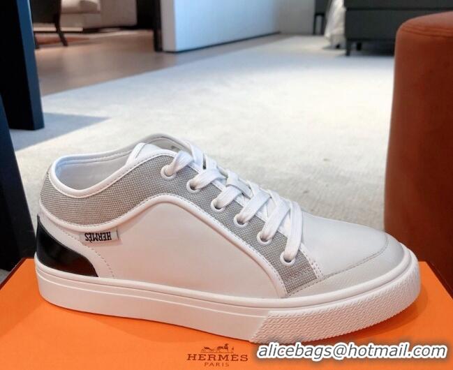 Cheap Price Hermes Day Sneakers in Canvas and Leather White/Grey 110472