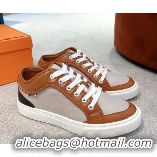 Luxury Hermes Day Sneakers in Canvas and Leather Brown/Grey 110473