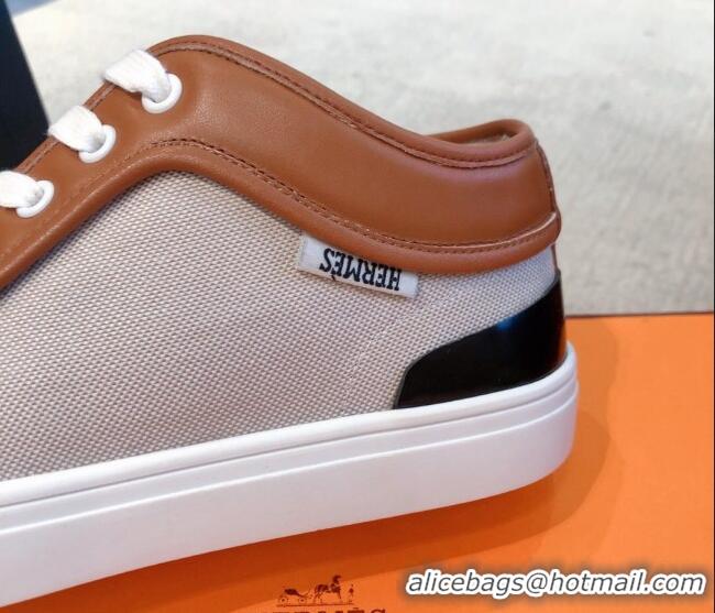 Luxury Hermes Day Sneakers in Canvas and Leather Brown/Grey 110473