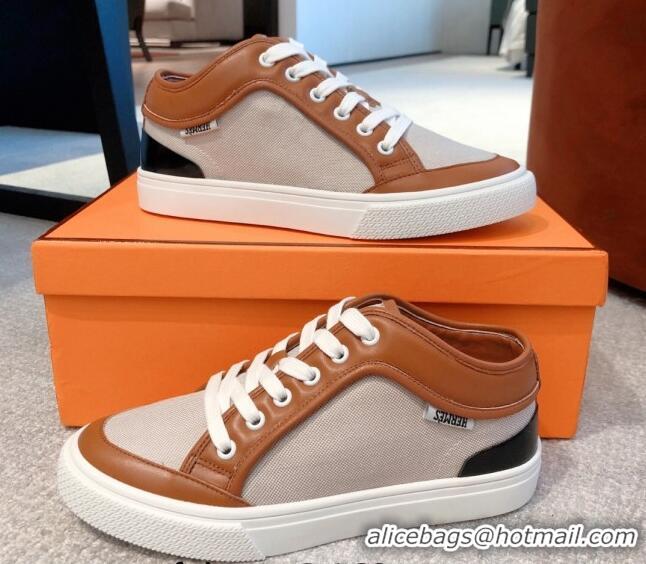 Luxury Hermes Day Sneakers in Canvas and Leather Brown/Grey 110473