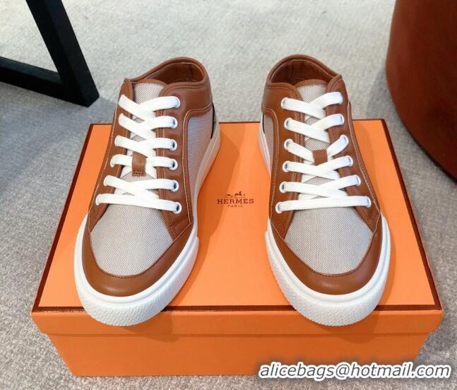 Luxury Hermes Day Sneakers in Canvas and Leather Brown/Grey 110473