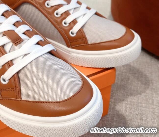 Luxury Hermes Day Sneakers in Canvas and Leather Brown/Grey 110473