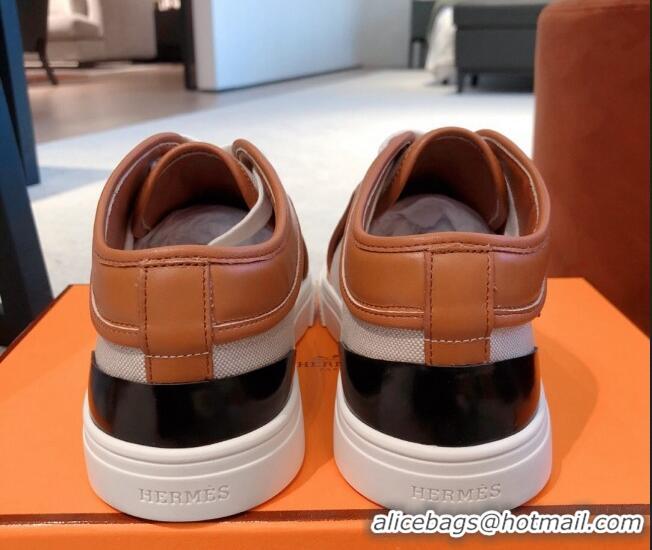 Luxury Hermes Day Sneakers in Canvas and Leather Brown/Grey 110473